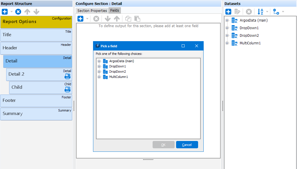 This image shows the Report Editor with a Detail Section Selected and the Fields tab selected.  The Pick a Field dialog box is shown which contains the list of Datasets with associated tables.